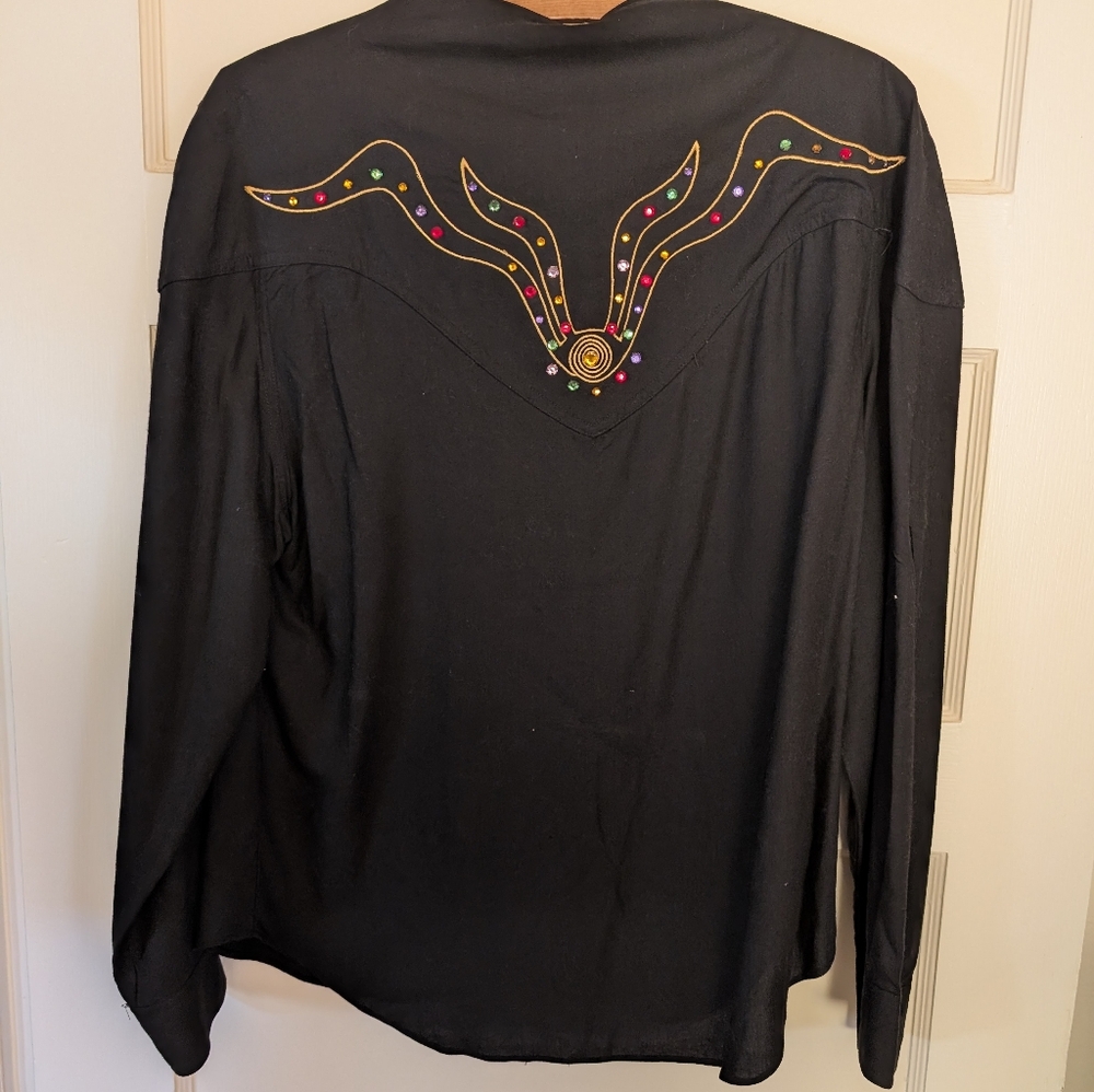 Vintage Western Shirt w rhinestones, gold stitching, Women's Cowgirl Rodeo shirt - Picture 6 of 11